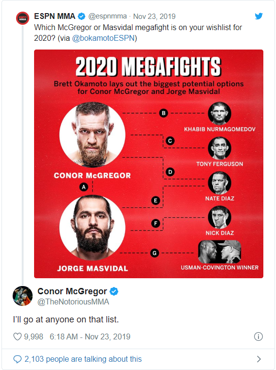 Conor McGregor tuyên bố sẵn sàng thượng đài bất kỳ ai, Masvidal: Chồng tiền đi rồi ta nói tiếp